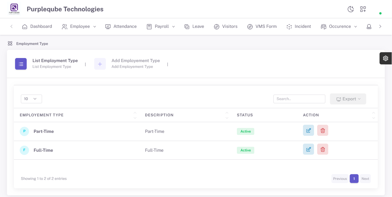 Employment Type list page showing all existing employment type records